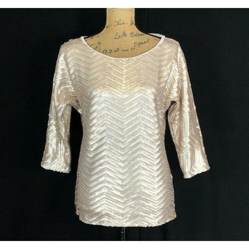 White House Black Market Top SMALL Silver Bronze Sequin Chevron Bling Blouse